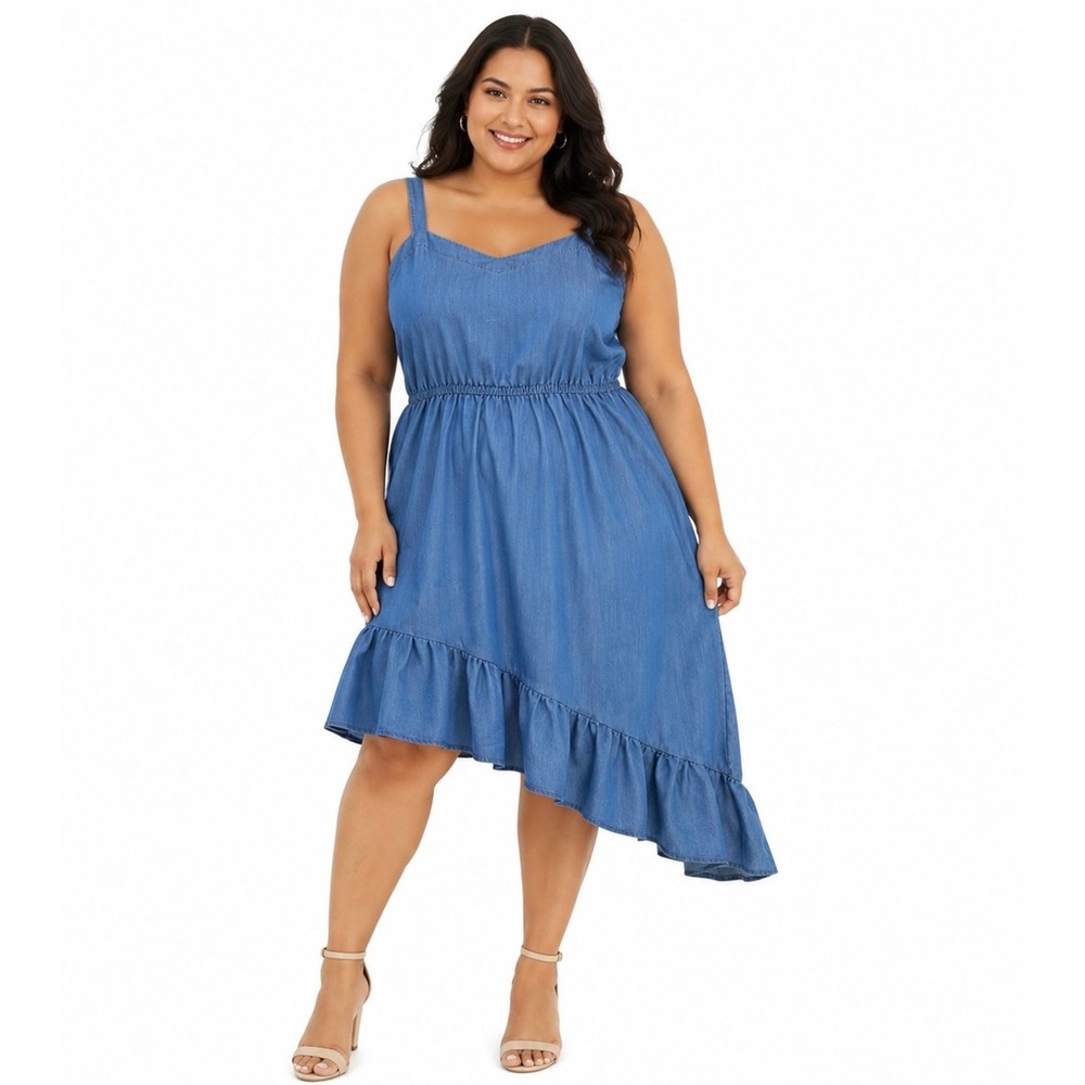 Ashley Stewart Chambray Dress 26W Blue Asymmetrical Ruffle Hem Sleeveless NWT‎